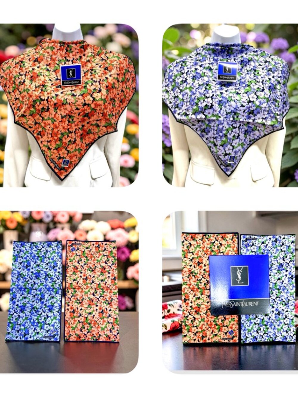 2) New  YVES SAINT LAUREENT  Neck-Kerchief  19"  Purple Orange Green Floral (80